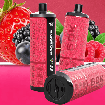 Two black-and-red vape device pods with textured grips, labeled 60K DTL and Big King, surrounded by berries and fruit