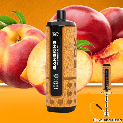 Orange-colored vaping e-shisha liquid bottle with gold texture, set among peaches and hookah accessories