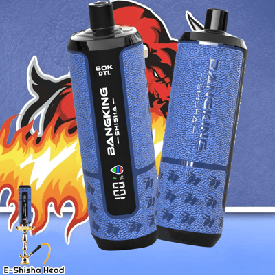 Two blue and black e-shisha heads with printed designs, set against a flame and dragon background
