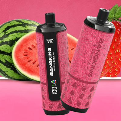 Two pink and black vape devices with strawberry and watermelon graphics on a pink background