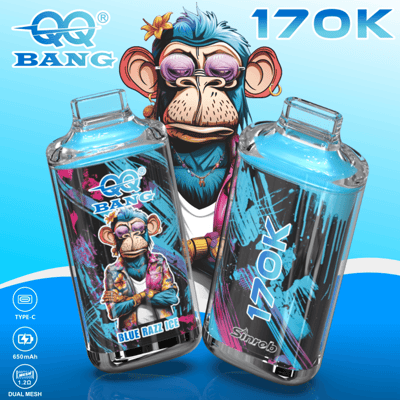 Cartoon monkey graphic vaping devices labeled BLUE RAZZ ICE with 170K and Type-C 650mAh text