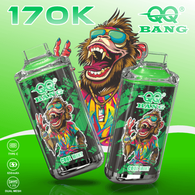 Three “QQ BANG” cool mint vape devices with a roaring cartoon lion and green promotional text “170k”