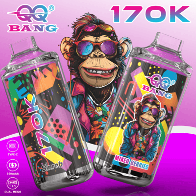 Colorful “QQ BANG” dual vape bottles with “17OK” text and “Type-C” 650mAh labels, plus cartoon graphic