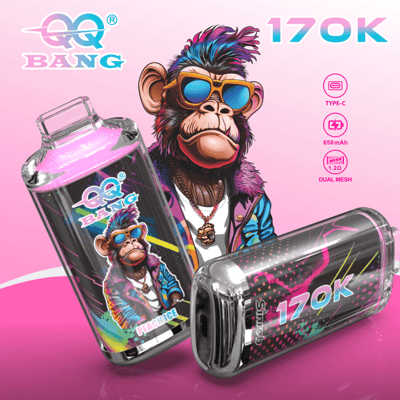 Gaming-themed dual battery vape device set featuring a cartoon chimp and “170K” specs on a pink background