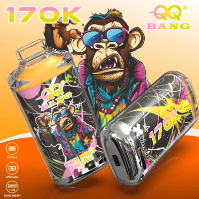 Cartoon monkey vape device illustration with text 170K and 88Q Bang, including orange energy graphic