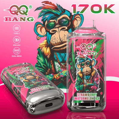 Vape pod and e-liquid bottle labeled “QQ BANG” in strawberry watermelon ice flavor, featuring a jungle animal cartoon
