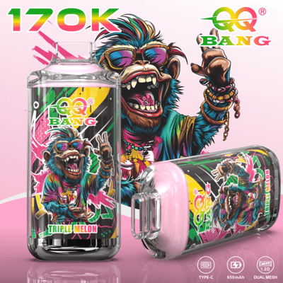 Colorful 170k BANG energy drink can and triple melon bottle with stylized snarling character artwork on pink background