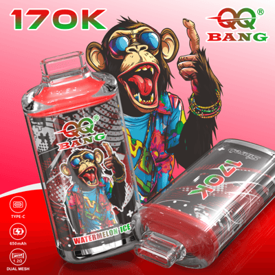 Q&Bang 170K watermelon ice vape device and pod with monkey mascot on a pink and red background