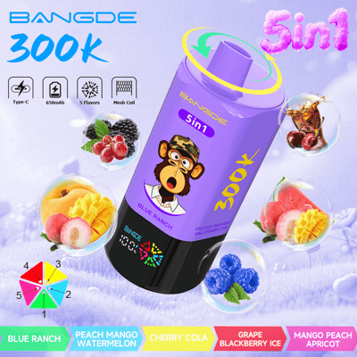 Purple vape device with “5 in 1” flavors, fruit icons, and “BLUE RANCH” labeling on a promotional graphic