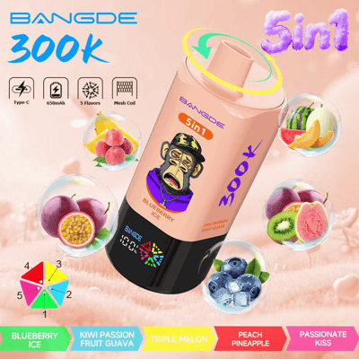 BANGlDE 360K disposable vape device with “5 in 1” design and fruit flavor icons, including bluebery ice