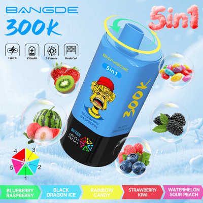 Blue vape device with Dragon Ice flavor text, “5 in 1” label, fruit icons, and ice “chill” effects in a graphic ad