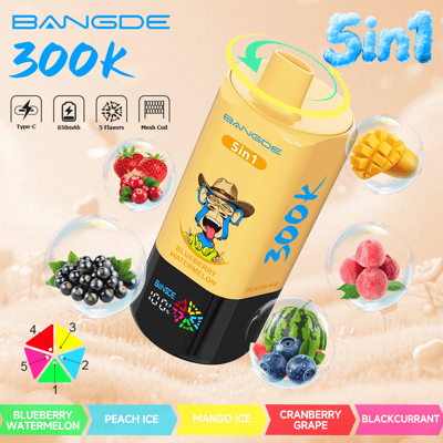 Yellow vape device with blue graphics, “5 in 1” flavor icons, and fruit/ice illustrations on a beige background