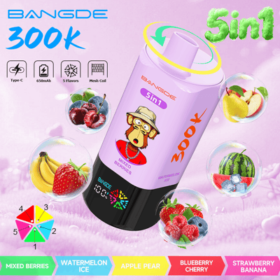 Purple smoothie cup with “Mixed Berries” and “Watermelon Ice,” surrounded by fruit and ice bubbles