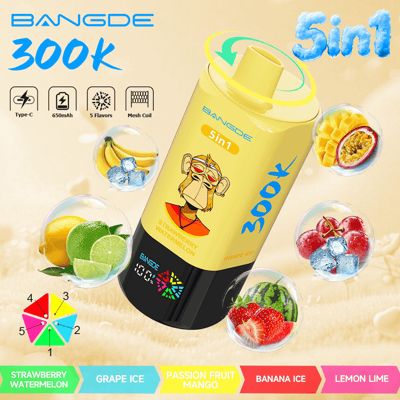 Bright yellow “BANGDE” vape device with “5 in 1” flavors shown and fruit illustrations in blue “smoke” effect