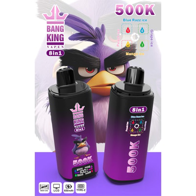 Purple “Bang King” 8-in-1 vape box featuring a cartoon penguin and “500K” with Blue Razz Ice and Mango Ice flavor graphics