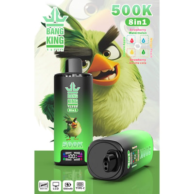 Cartoon green bird vaping with a black-and-green 500K 8-in-1 device package showing strawberry and watermelon flavors
