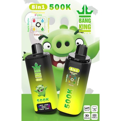 Green smiling mascot holding two vape pods labeled Bang King Vapor, 8in1, 500K, Fizzy Lemon & Lime, and Cola ice