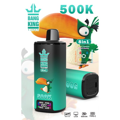 Bang King 8-in-1 vape device with cartoon kiwi and duck, 500K, and flavor icons on a promotional poster