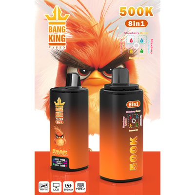 Bang King Vape product image with fierce orange cartoon bird and two vape pods labeled 500K 8in1 Strawberry Mango