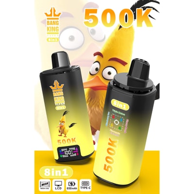 Cartoon yellow bird mascot with two black vape devices labeled BANG KING 8in1 and 500K