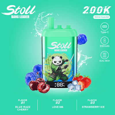 Green “Stoll” Bang Leader vape pod advertising blue razz, love 666, and strawberry ice flavors with Type-C 650mAh dual mesh