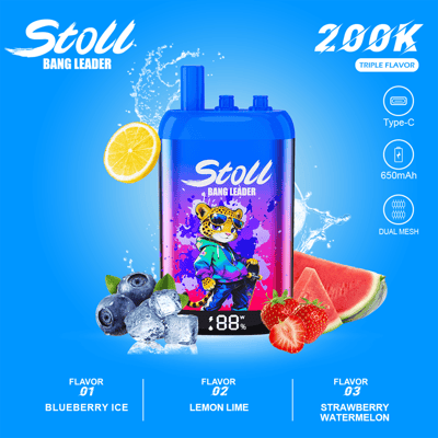 Stylized blue Stoll Bang Leader vape pod with “26%” triple flavor and icons for Type-C, 650mAh, dual mesh, plus fruit flavors