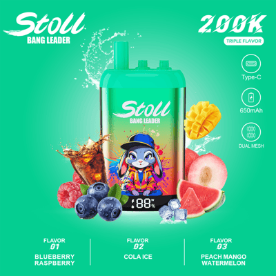 Stoli Bang Leader 2560K vape device ad with Type-C, 650mAh dual mesh, and fruit flavors on green background