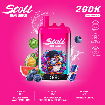 Stylish pink “Stoll” Bang Leader vape device with fruit flavors (blueberry, watermelon, energy drink) on a promotional poster