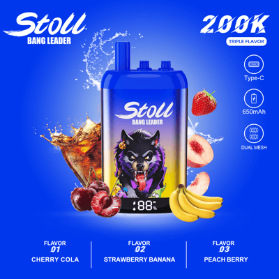 Stoli Bang Leader triple-flavor vape device with wolf graphic, splash effects, and flavor options