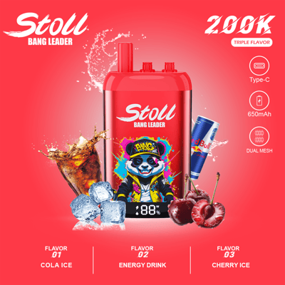 Red Stoll Bang Leader triple flavor vape device with Type-C, 650mAh, dual mesh, and flavor icons Cola Ice, Energy Drink, Cherry Ice