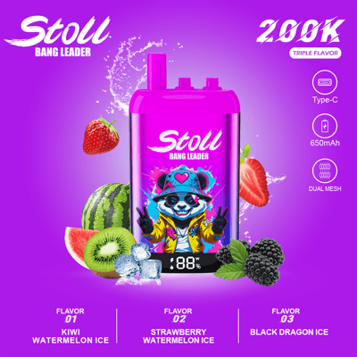 Purple “Stoll Bang Leader” e-cig style device with fruits and splashing water, “Triple Flavor” and Type-C badges
