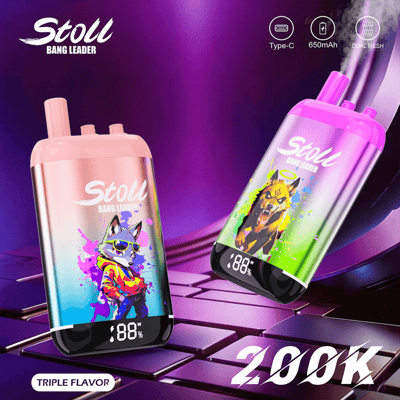 Stoll Bang Leader e-liquid bottles with Type-C and 650mAh dual mesh icons on a purple vaping ad background