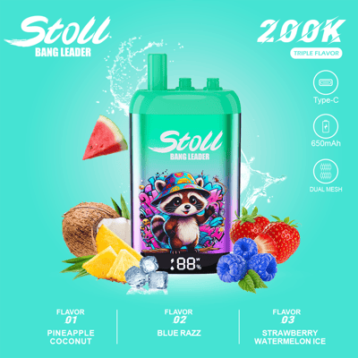 Green “Stoll Bang Leader” vape device with splash, raccoon mascot, fruits, and “Type-C 650mAh” icons on turquoise background