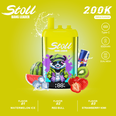 Stylized yellow “Stoil Bang Leader” triple flavor vape with Type-C 650mAh text and fruit graphics on a bright yellow background