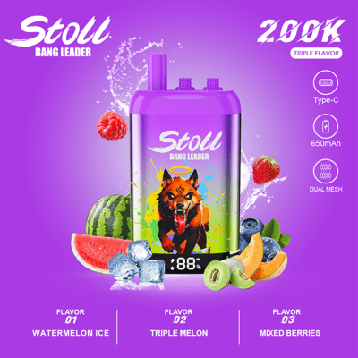 Purple vape device with “Stoll BANG LEADER” branding and fruit/ice flavor graphics on a purple background