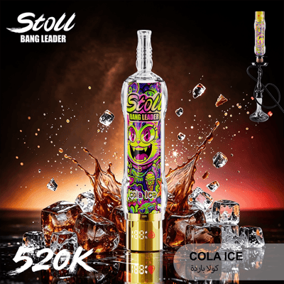 Bunte Cola-Ice-Vape-Flasche mit “Bang Leader”-Branding, umgeben von spritzender Flüssigkeit und Eiswürfeln auf dunklem Hintergrund