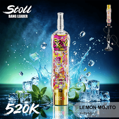 Werbebild für Getränkeflasche mit der Aufschrift Stoll Bang Leader, eisiger Spritzer und “Lemon Mojito”-Text