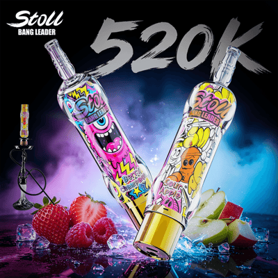 Dampf-Design-Banner “Stoll Bang Leader 520” mit zwei dekorierten Shisha-Flaschen und buntem Obst auf dunklem Hintergrund