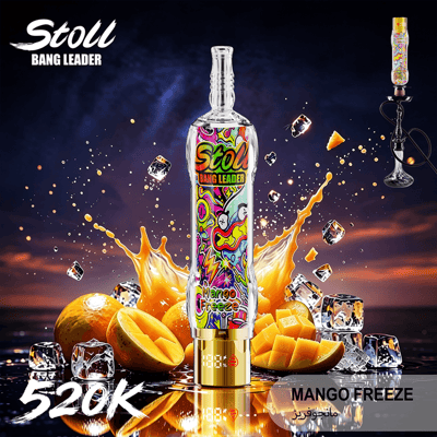 Bunte Mango-Freeze-Vape-Flasche mit eisigem Spritzer und dem Text “Mango Freeze” auf dunklem Werbehintergrund