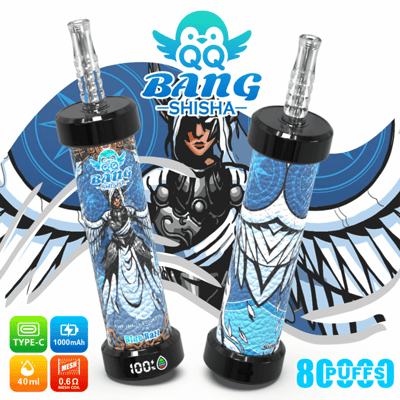 Bang Shisha brand graphic featuring two blue glass hookah bottles with dual metal mouthpieces and “8 Puffs” icons