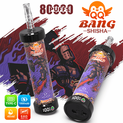 Two “BANG SHISHA” vape bottles with glowing mascot logo on a red-and-purple illustrated background
