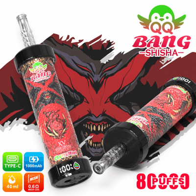 Bang Shisha e-cigarette vape with red dragon graphic, two device images, and “8 Puffs” text