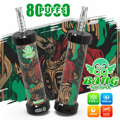 Two colorful vape shisha pipes with “8 Puffs” text and “CoolMint” and specs icons (Type-C 1000mAh, 40ml)