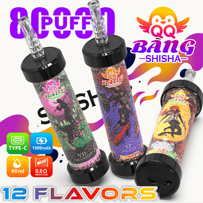 Three colorful Bang-Shisha vape devices on white background with “iPUFF” text, Type-C and 12 flavors shown