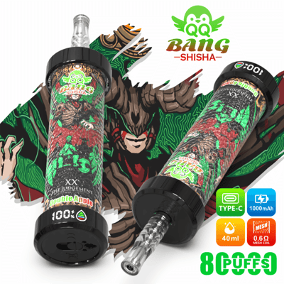 Bang Shisha disposable vape with green skull logo, “Double Apple” flavor text, and Type-C 1000mAh icons