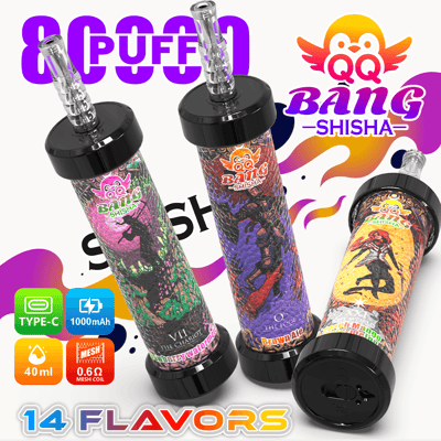 Drei farbenfrohe “Bang Shisha”-Vape-Pens mit schwarzen Basen und Glasmundstücken, mit dem Aufdruck “14 FLAVORS”