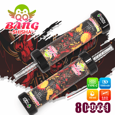 Vape device with two “Blaing Shisha” tubes and icons for Type-C, 1000mAh, 40ml, and 0.6Ω mesh coil