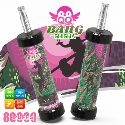 Two colorful Bong Shisha vape devices with black bases, clear mouthpieces, and “Bang Shisha” branding