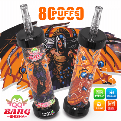 Two Bang Shisha vaping devices with glass mouthpieces on a colorful gaming-style background, “8Puff’s” text above