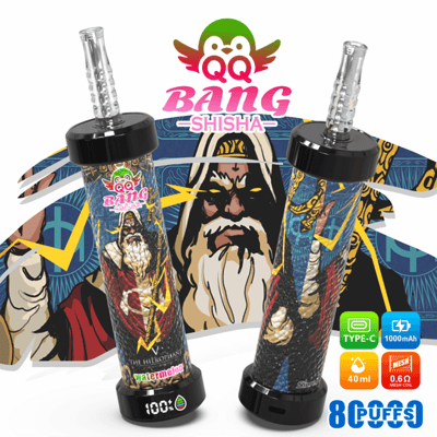 Two “QQ Bang Shisha” vape bottles with glass mouthpieces and colorful logo background, plus “8 Puff” icon